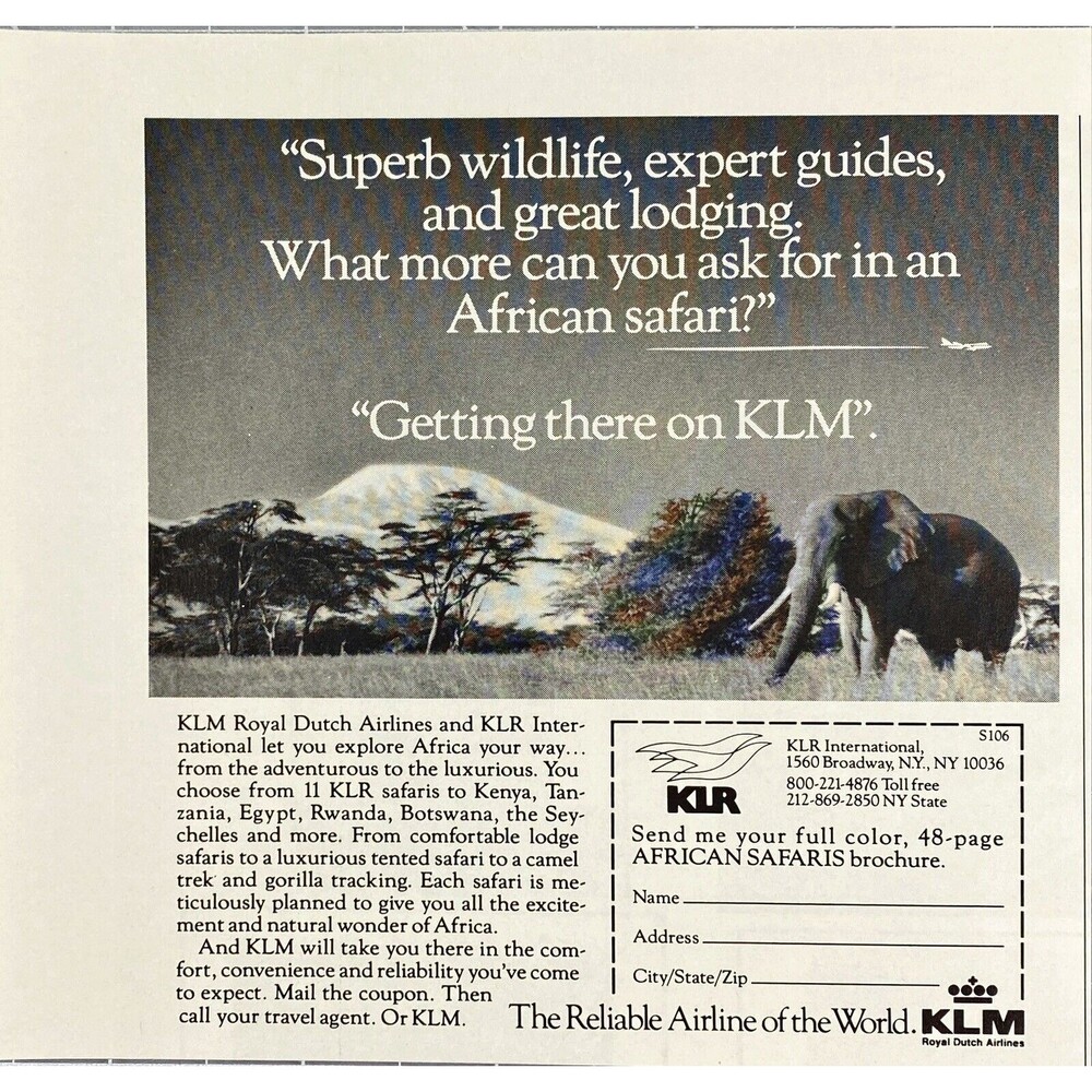 KLM Airline "Getting there on KLM" African Savana Elephant Vintage Print Ad 1986